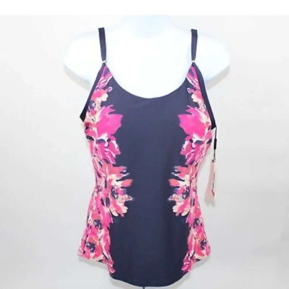 Tankini Swimsuit Top Calvin Klein Women's Blue Floral Stretch Scoop Neck XS NEW